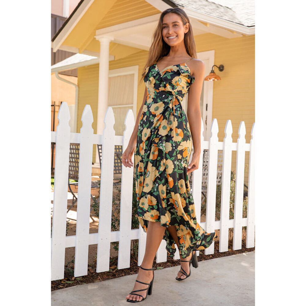 Brand new Lulus Black Floral Print Ruffled High-low Wrap Dress